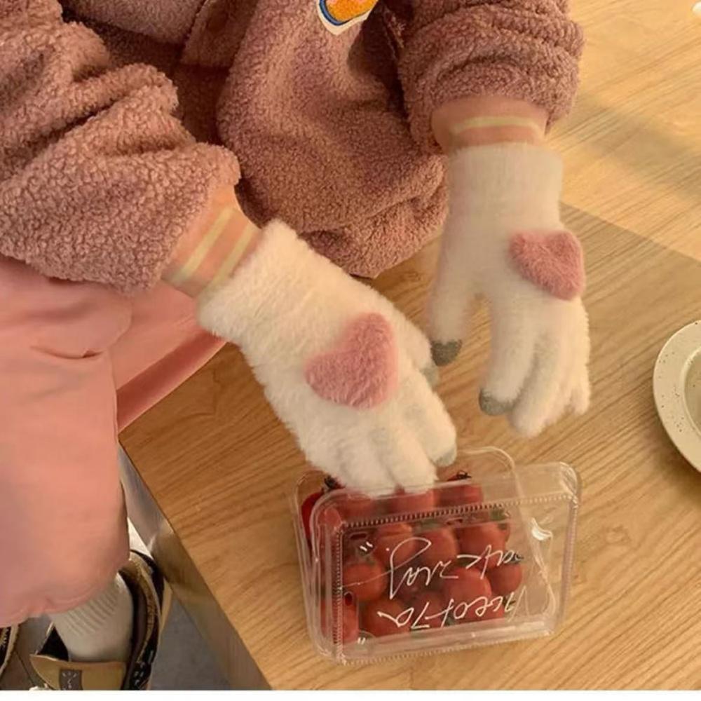 Plush warm gloves love winter plus velvet cute finger touch screen to prevent cold student girls princess style, suitable for cy