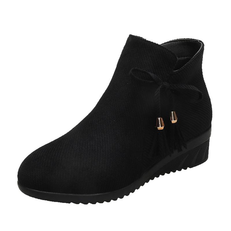 Winter new women's boots round head side zipper wedge heel women's suede large size bow solid color fashion boots