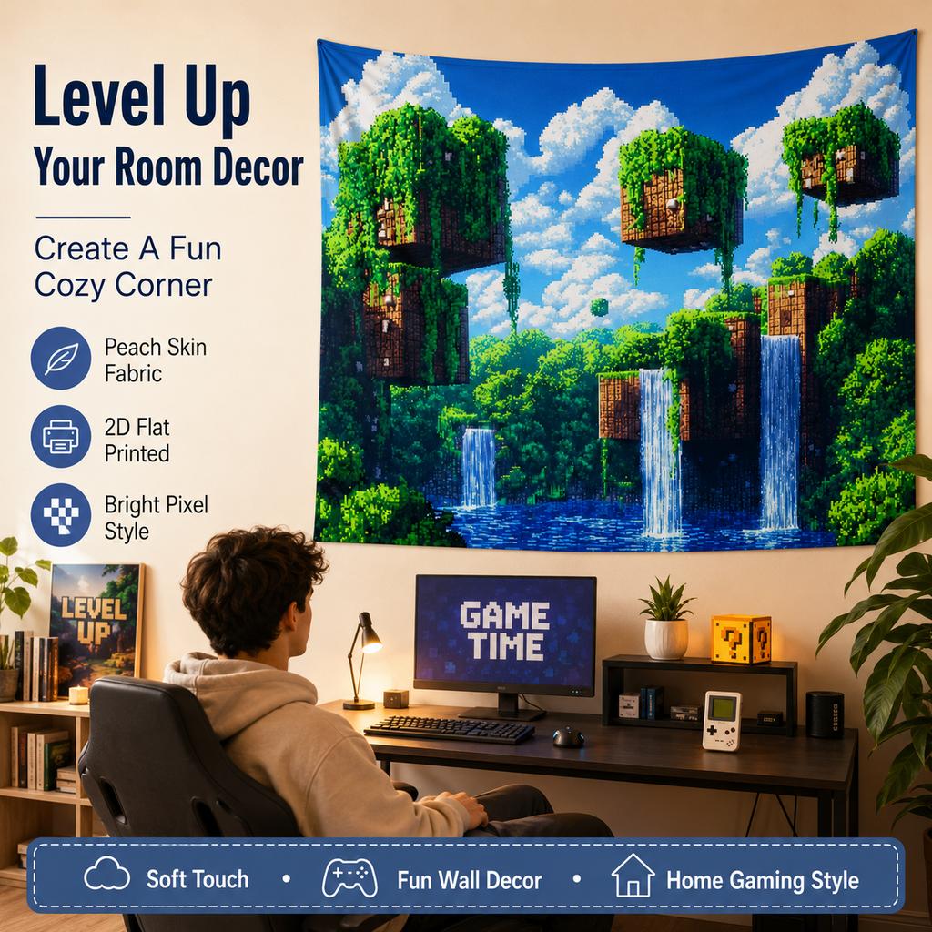 Pixel Art Tapestry 2D Flat Printed Peach Skin Wall Hanging Floating Island Waterfall Background Cloth for Gamer Room Decor