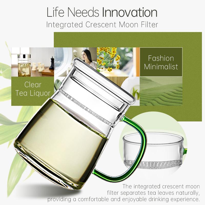 KAMJOVE Glass Cup Crescent Glass Water Cup with Handle Tea Cup Tea Separation Cup 300ml Green Tea Brewing Cup Kettle Office