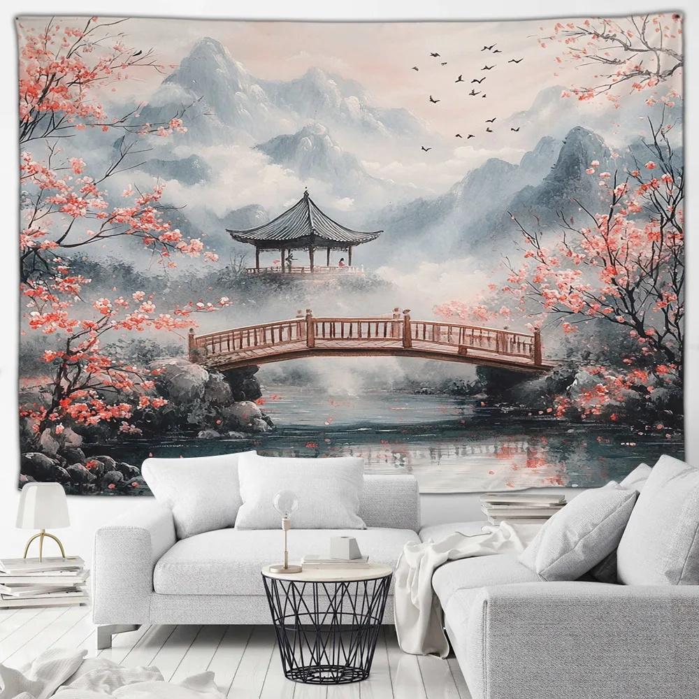 Japanese Scenery Tapestry Cherry Blossom Flowers Misty Landscape Chinese Style Wall Hanging Art Decoration Home Decor Background