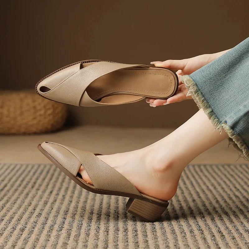 Fashion 2024 Summer Slippers Women Genuine Leather Shoes for Women Pointed Toe Chunky Heel Mules Sandals Women Hollow Out Ladies Shoes