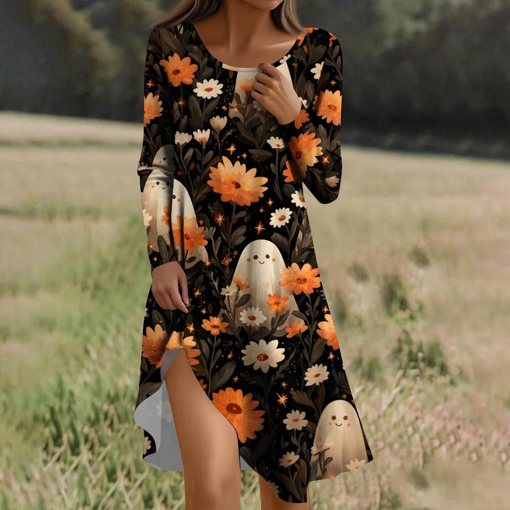 Long  Sleeve Dress For Women Casual Loose Fit Print Dress With Pockets