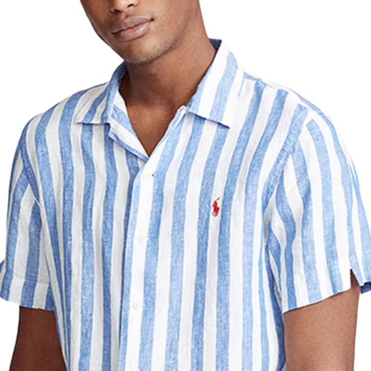 Polo Ralph Lauren SS25 Small Pony Logo Embroidered Linen Striped Short Sleeve Shirt Men Shirts MNPOWOV1N820060-400