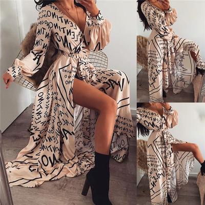 Boho Bedrucktes Blumen Maxi Kleid Damen Weiblich Lässig Locker Knöchellang Empire V-Ausschnitt Lange Schlitze Kleider