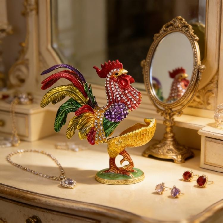 Unique Enamel Colored Rooster Decoration Metal Jewelry Box Earrings Organiser Case Perfect For Gift Giving