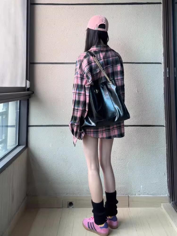 American Retro Long Sleeve Plaid Shirt for Women - Sweet, Cool, High-End Design for Spring and Autumn