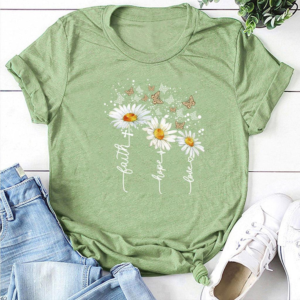 Ležérní tričko s potiskem chryzantémy a motýlů, letní top s krátkým rukávem z čisté bavlny s kulatým výstřihem, dámské