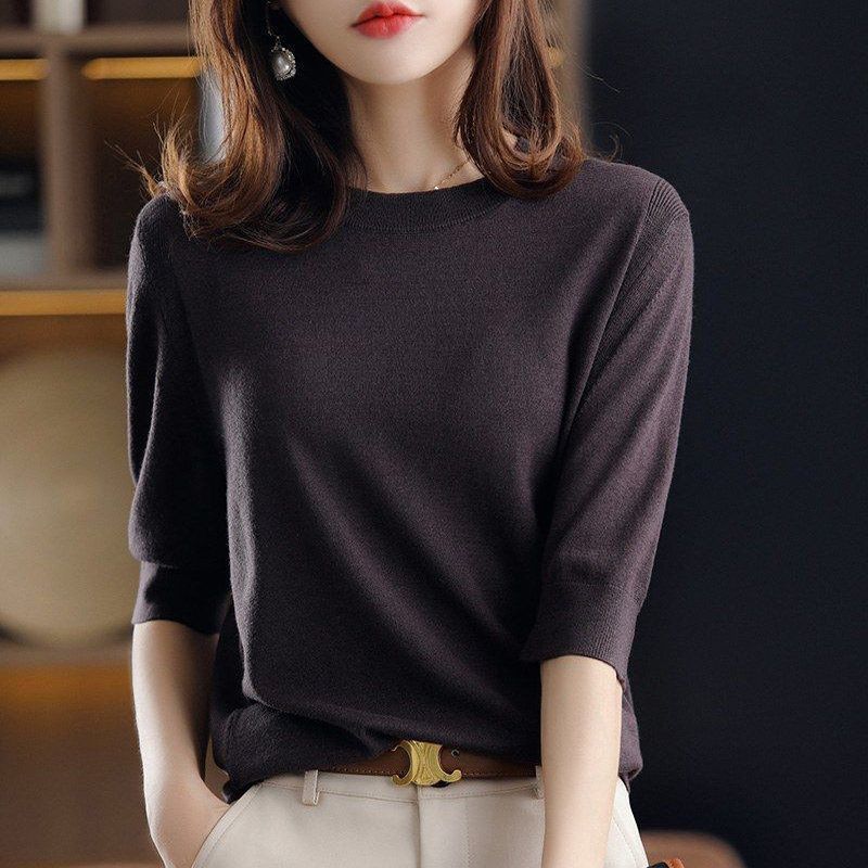 Round Neck Mid-Sleeve Knit Shirt for Women, New Summer Style, Retro Elegant Loose Plus-Size Top, Five-Quarter Sleeve T-Shirt, Base Shirt