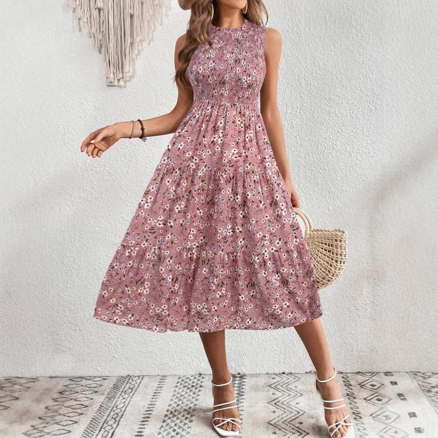Sommer-Blumenprint ärmelloses Rundhalskleid hohe Taille und dünnes Design Europäisches und Amerikanisches bedrucktes Kleid