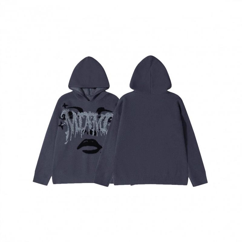 Andre Gothic Letter Jacquard Hooded Knit Sweatshirt - Streetwear Casual Dark Top Teens