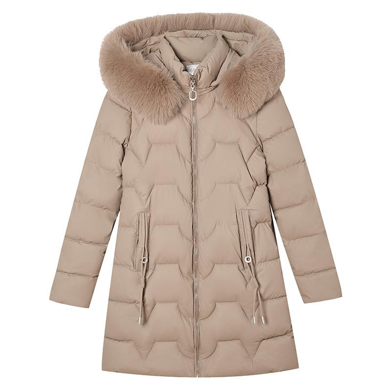 Winter new thin big fur collar hooded padded jacket medium and long down padded jacket women's waist foreign style padded jacket tide