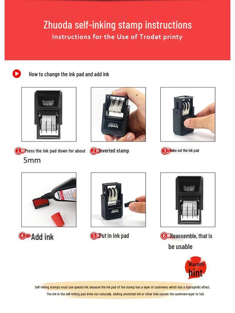 Zhuoda 4810 Automatic Self-Inking Date Stamp, 3.8MM Characters, Adjustable for Chinese & English Dates
