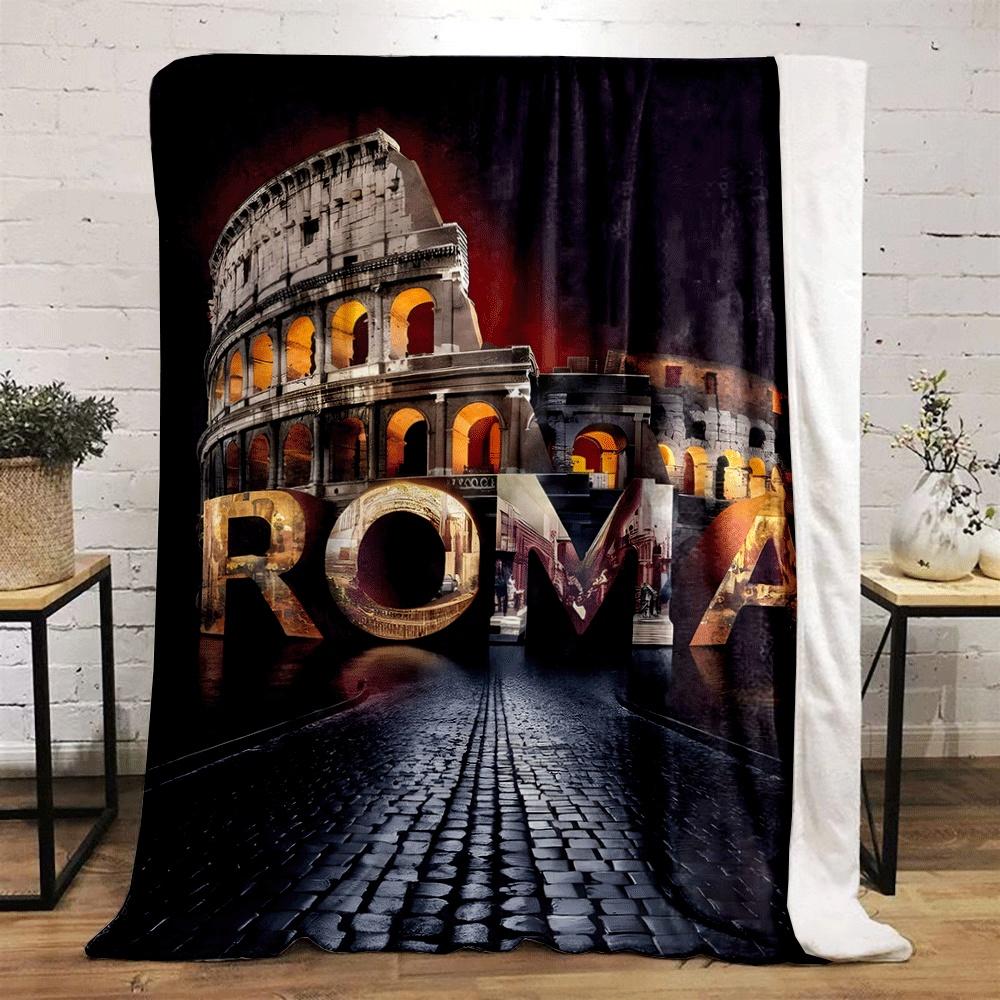 The pattern combines "ROMA" text with images and the Colosseum backdrop. for all seasons blanket lunch break throw gift