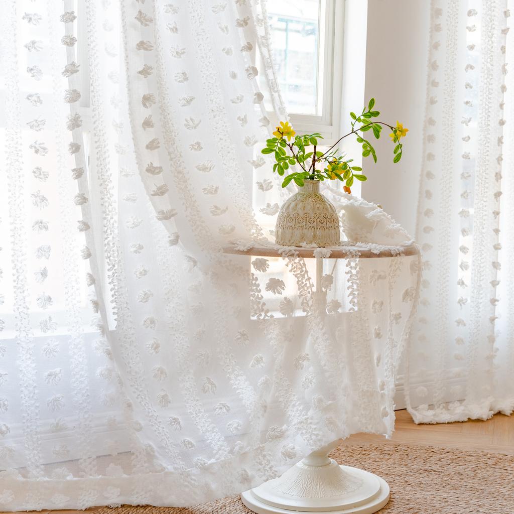 Finished Curtains Tufted Cursing Hair Ball Solid Color Pink Living Room Bay Window No Punching Through Rod Curtain