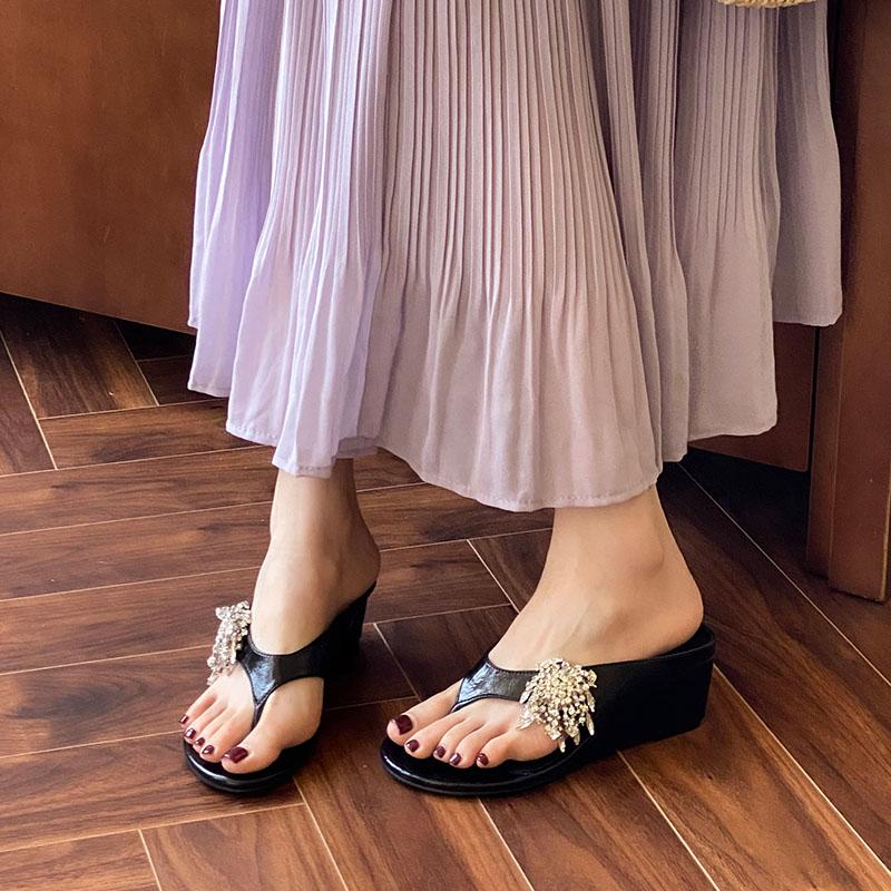 Fashion Luxury Fashion Rhinestones Women Wedges Slippers Shoes Female Flip flops Heeled Sandals Slippers Slides Shoes For Ladies