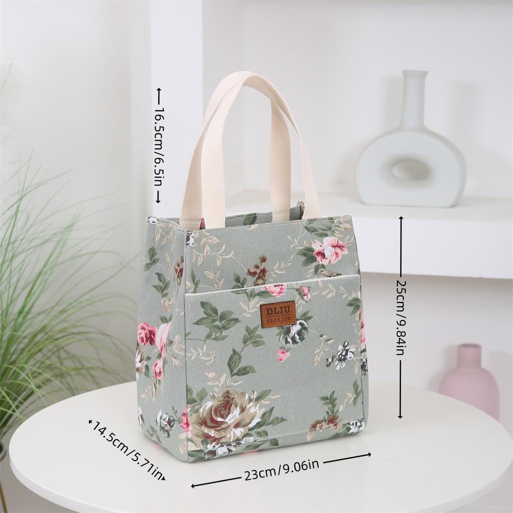 Canvas Flower Printed Fabric Handbag, Work Portable Multi-Pocket Zipper Semi-Closed Daily Clutter Storage Bag, Bento Bag