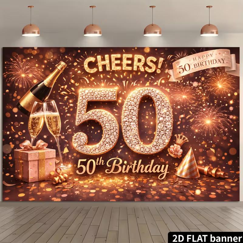 2D Rose Gold 50th Birthday Backdrop Shiny Diamond Number 50 Photography Banner