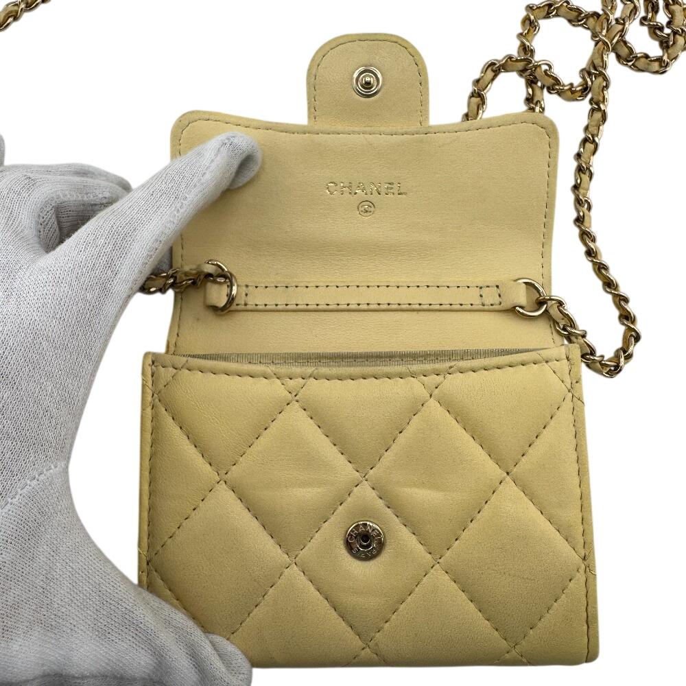 Chanel Compact Wallet Card with Chain Matrasse Lambskin Coin Case Yellow Lambskin Women Used