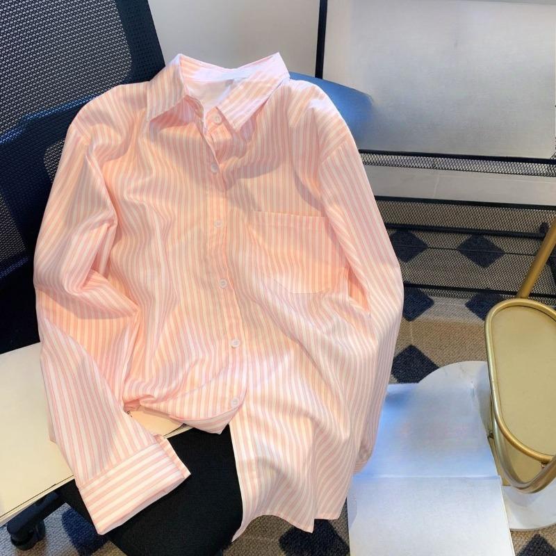 

Striped Design Women s Shirt Loose Flip Collar Loose Single Breasted Ladies Pocket Blouse Spring Summer New Trend Fashion Famale Top XXL рожевий