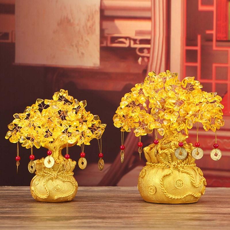 Exquisite Lucky-Tree Chinese Feng Shui Money Tree Desktop Ornament Yellow Crystal Fortune Tree Decoration for Room Shop