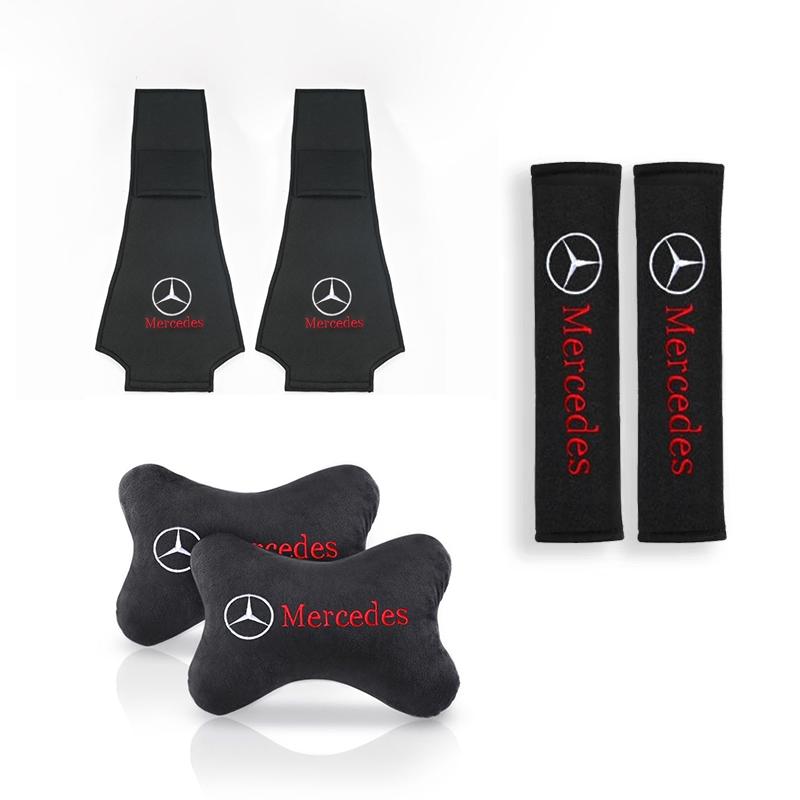 Embroidery Car Seat Head Neck Rest Cushion Headrest Pillow Seat Belt Pad For Benz AMG W205 C300 W203 W206 W108 W124 W126 Sticker QP1