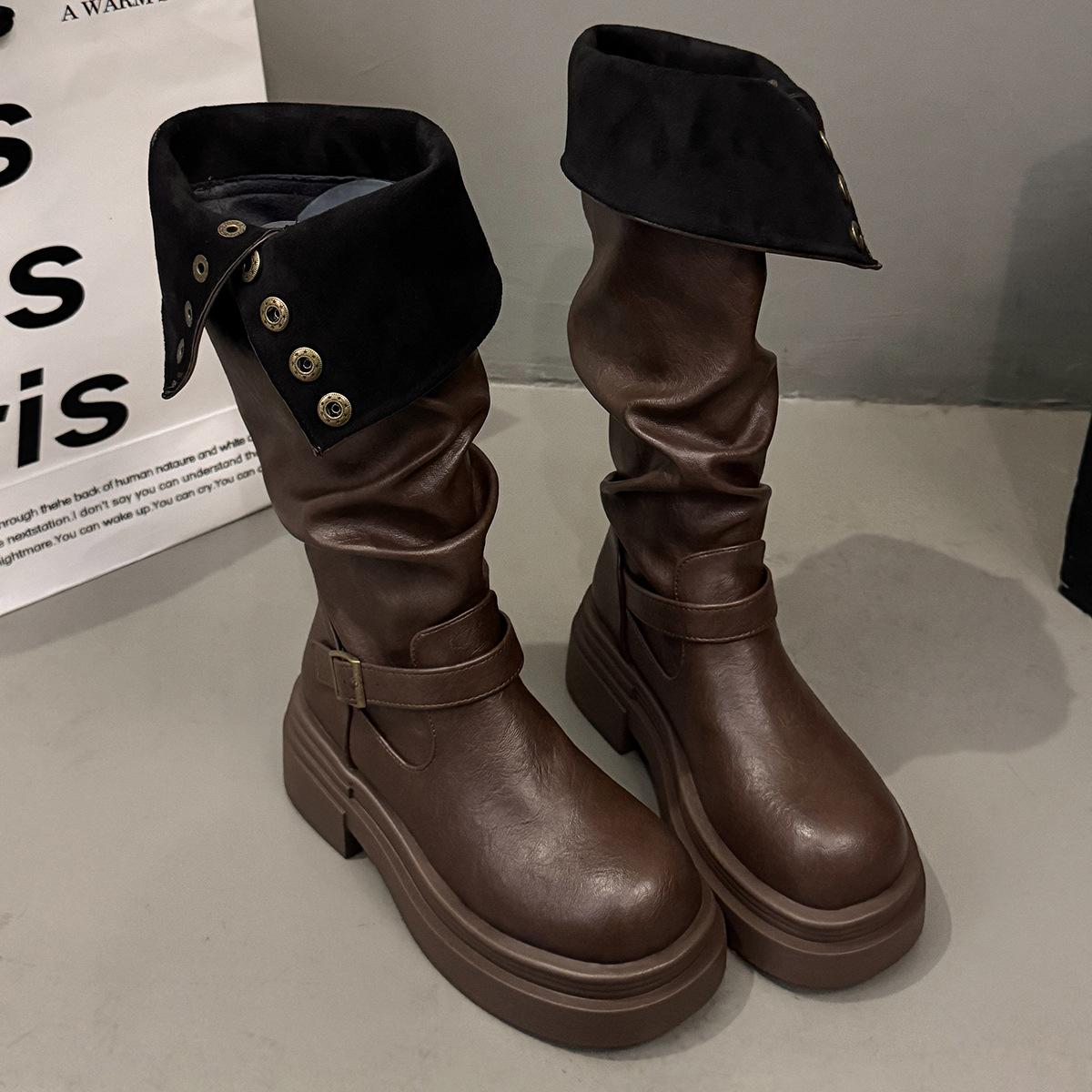 

Винтажные ботинки на толстом каблуке и платформе в британском стиле, женские, 2025, новые осенне-зимние тонкие ботинки, ботинки-рыцари 40 коричневый