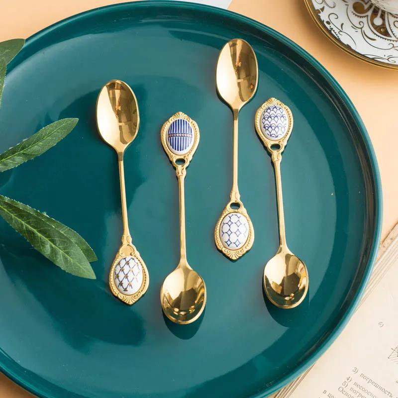 New Creative Stainless Steel Golden Coffee Milk Spoon Creative Stirring Spoon Elegent Ceramic Dessert Honey Spoons