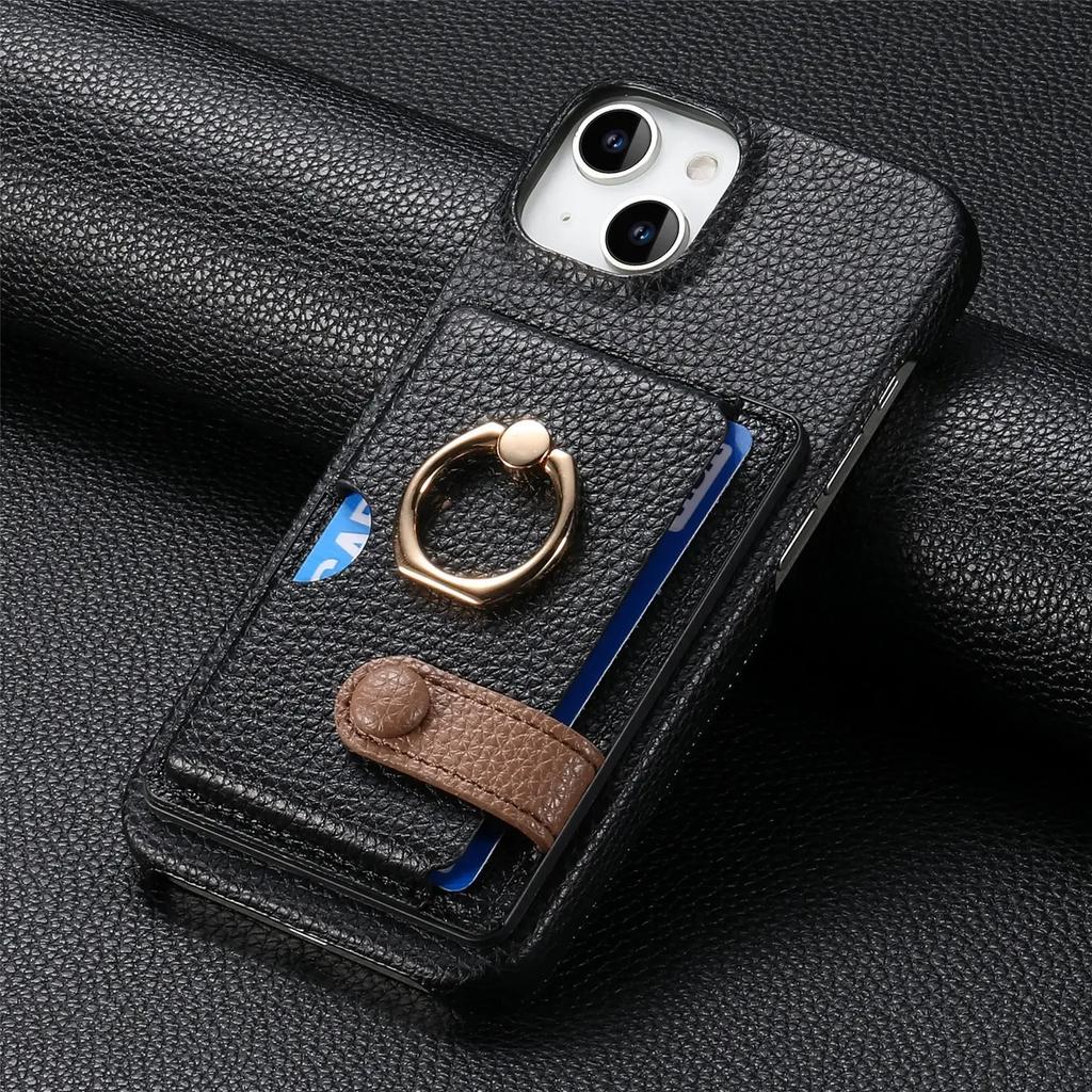 Leather Ring Support Phone Case for IPhone 16E 16 15 14 13 12 11 Pro Max X XR 7 8 Plus Wallet with Card Holder Shockproof Cover