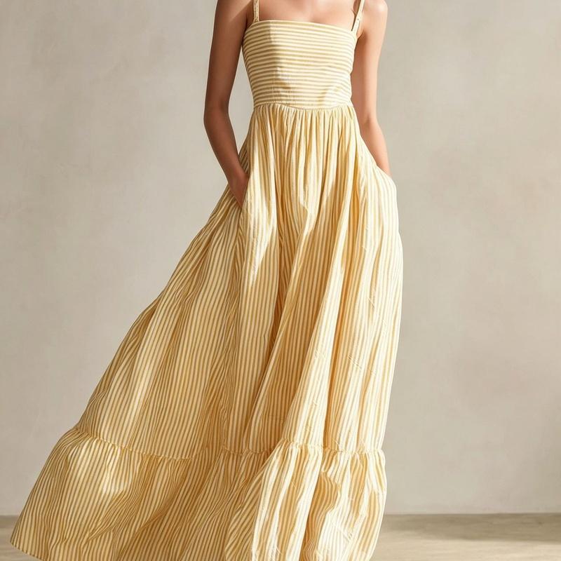 European Style Women Casual Striped Sleeveless Maxi Dress S