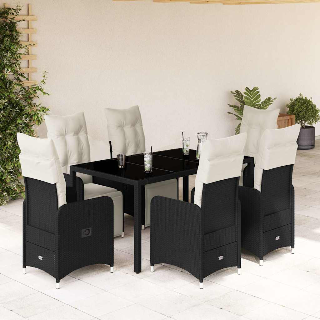 Vidaxl 7-Cz. Bistro Furniture Set with Cushions, Black, Poly Rattan