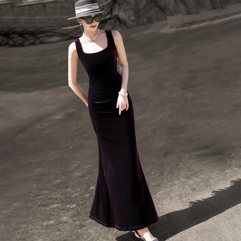 Women's Elegant French Retro Fishtail Velvet Sling Dress