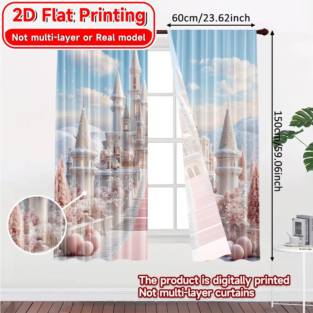 2D FLAT PRINTING 2pcs Curtains (Without Rod) Fairytale Castle Scene Ramadan Festival Chic Print Curtains Versatile Polyester
