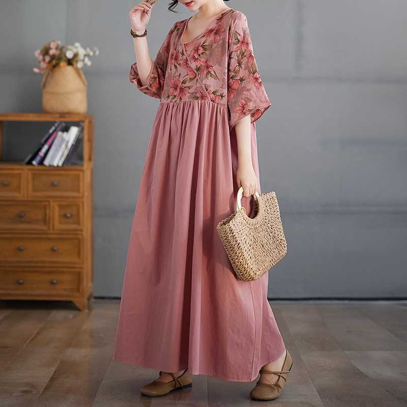 Cotton and Linen Summer Patchwork Retro Style Dress Long Skirt