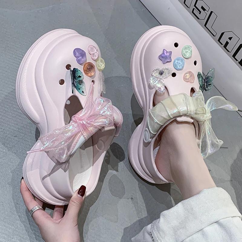 Fashion Lace Bow Chunky Platform Sandals for Women 2025 Summer Thick Bottom Eva Garden Slippers Woman Fashion Color Beads Beach Sandals