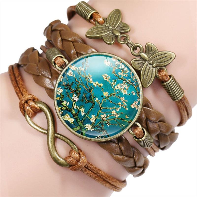 Vintage Handmade Leather Multi Layer Bracelet Butterfly Infinity Design Van Gogh Painting Crystal Bangle Jewelry Set