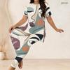 Women Plus Size Printed Round Neck Short Sleeve Longline Top Fitted Pants Two Piece Set