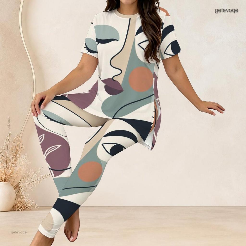 Women Plus Size Printed Round Neck Short Sleeve Longline Top Fitted Pants Two Piece Set