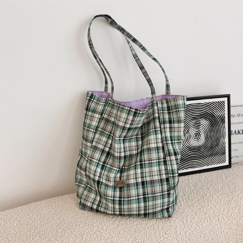 New Large-capacity Simple Shoulder Plaid Bag, Light Commuter Canvas Bag, Double-sided Dual-purpose Tote Bag