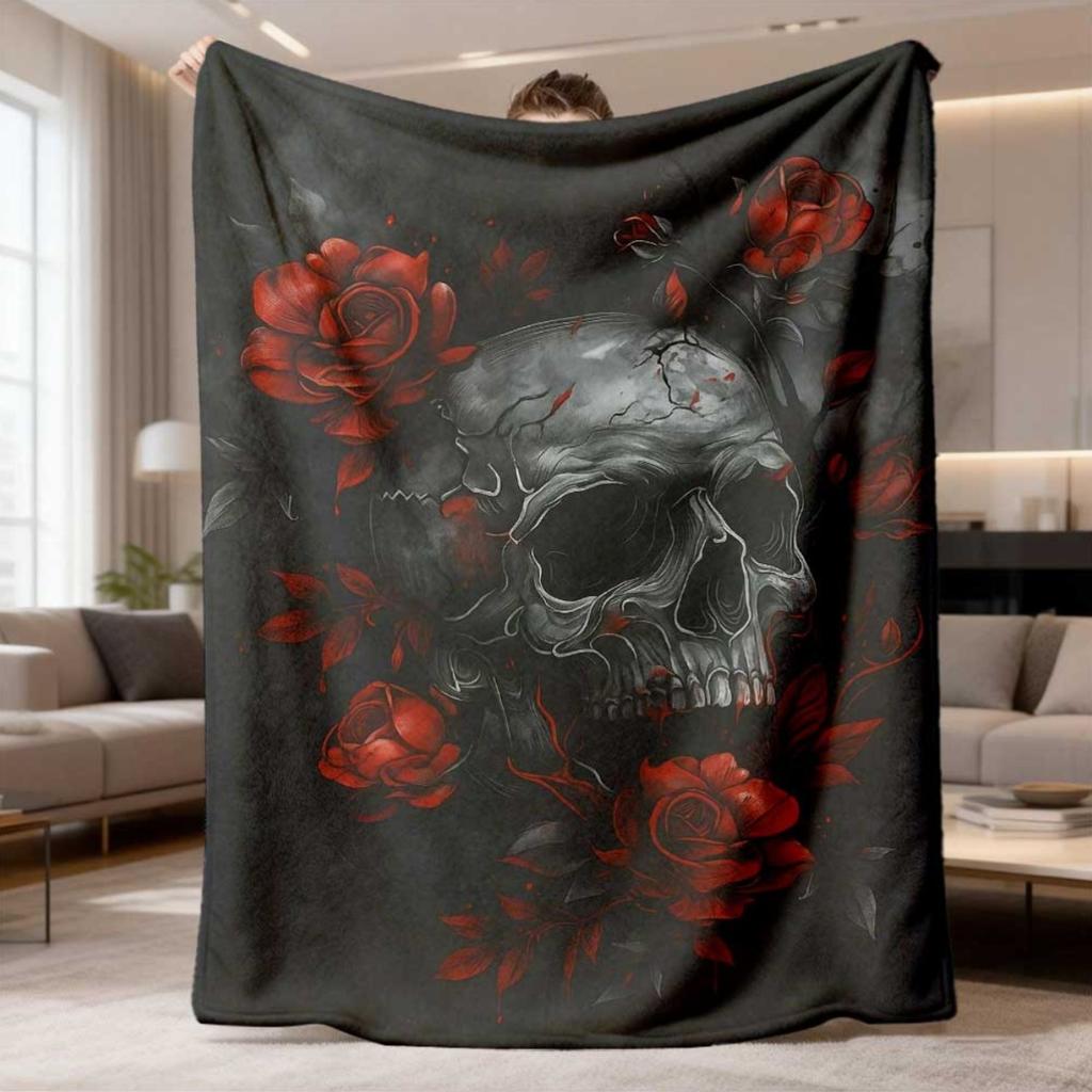 Gothic Skull With Vivid Red Rose Dark Background Vintage Tattoo?Style Pattern Flannel Blanket Warm Cozy Printed Throw Blanket