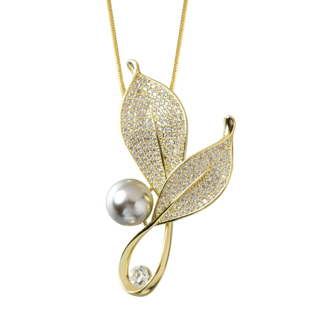 High End Sweater Chain Leaf Pearl Pendant Long Necklace Detachable Pendant Elegant Chest Flower