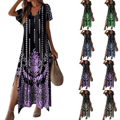 Fashionable And Sexy Women's V-neck Short-sleeved High-waisted Geometric Pattern Dress