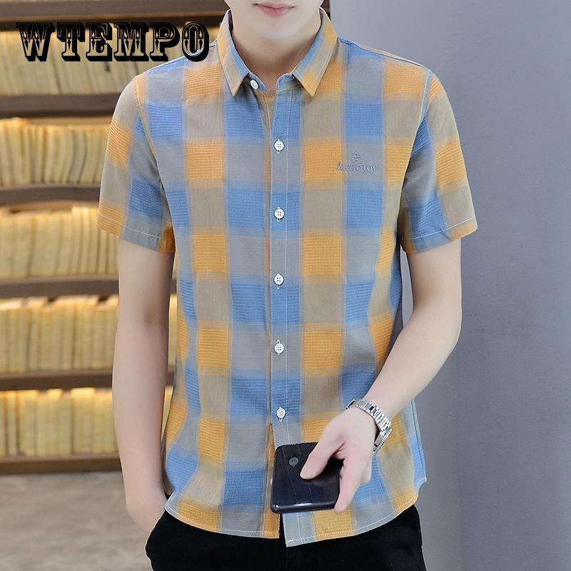 

Летние рубашки с короткими рукавами, мужские клетчатые модные красивые топы, универсальные рубашки против морщин с негладким покрытием