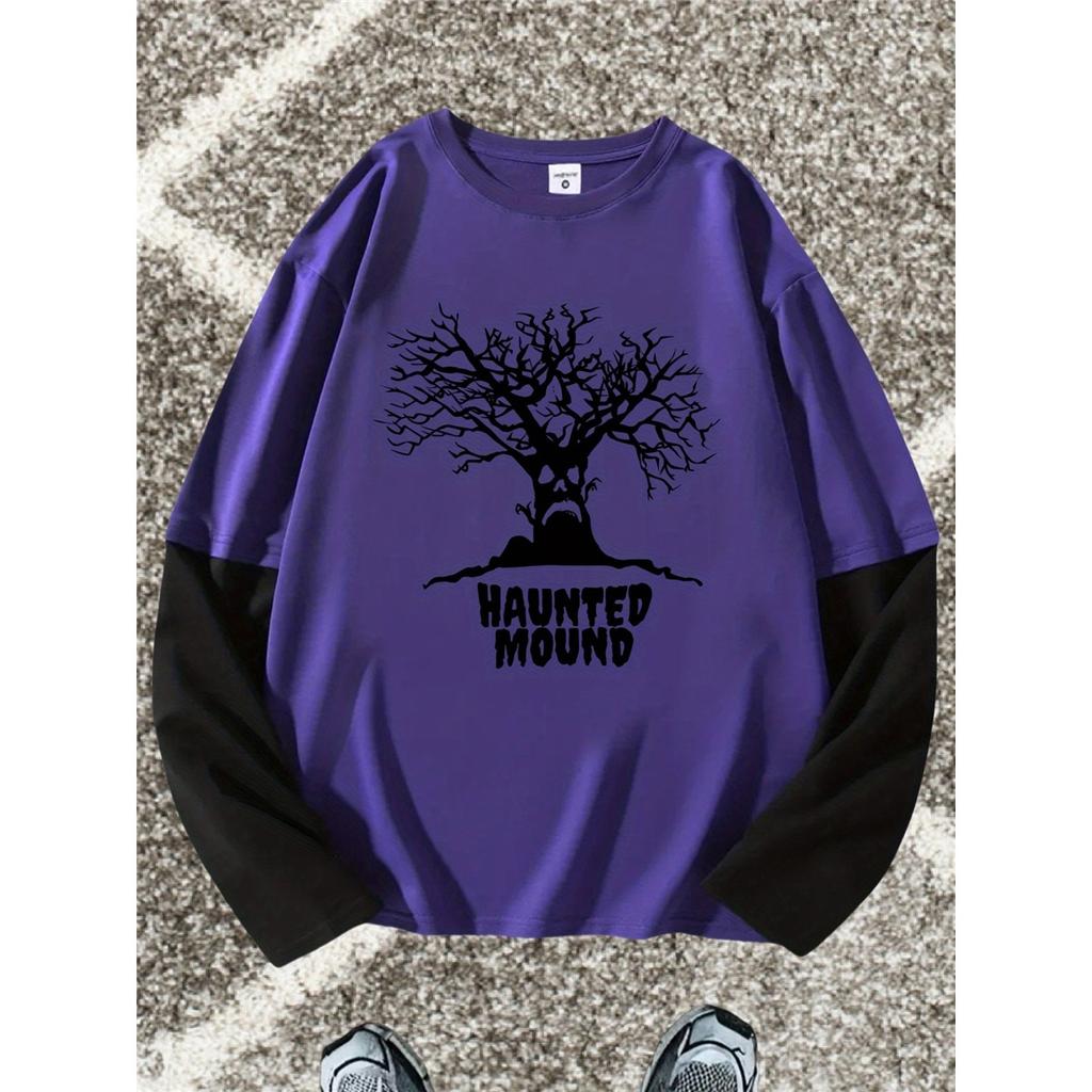 Print Pattern Loose Look Long Sleeve T-Shirt, Fashionable, Comfortable, and Versatile 2-in-1 Look Long Sleeve Top, Suitable for Various Occasions