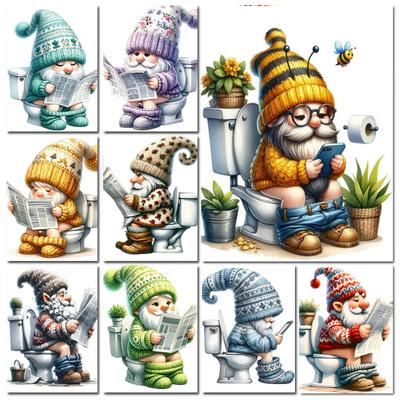 5D DIY Diamond Painting New 2024 Diamond Embroidery Gnome On The Toilet Newspaper Mosaic Jewelry Cross Stitch Home Decoration