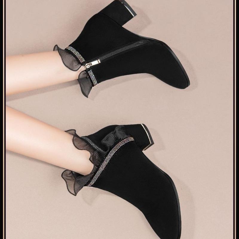 Autumn and Winter Rhinestone Lace Edge Matte Soft Leather Thick Heel Short Boots Women's Middle Heel New Soft Leather Women's Boots Ankle Boots
