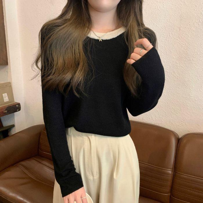 Un Tricou Tricotat cu Gât Rotund și Blocuri de Culoare pentru Toamna și Iarna Femeilor, Un Pulover de Bază Tineresc și Elegant, Top Larg Strat Interior