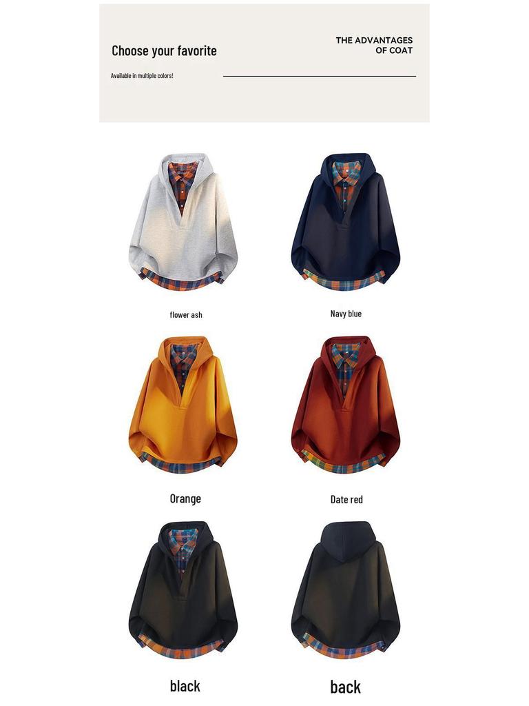 Unisex Plaid Patchwork V-Neck Hooded Sweatshirt