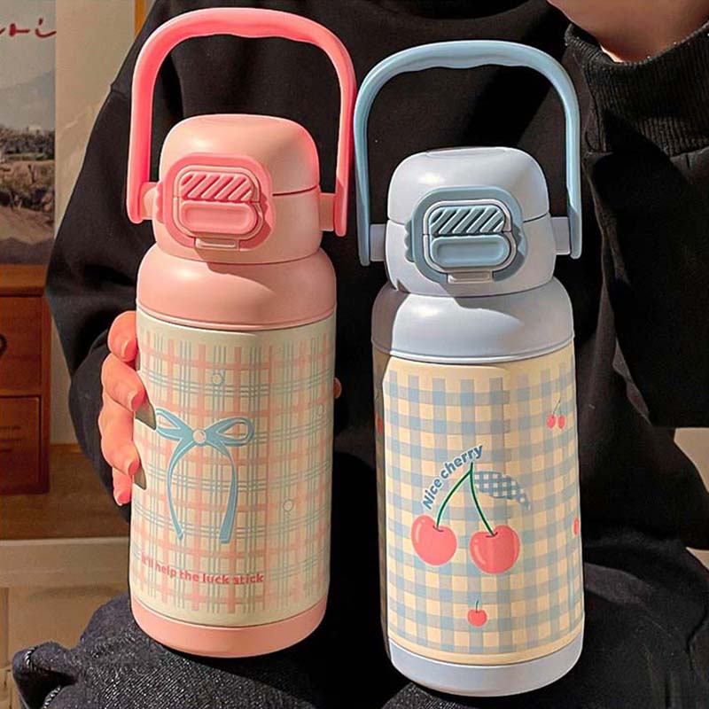 700ML Cute Bow Thermo Water Bottle For Girls Portable Handle 316 Double Drinking Outdoor Sports Straw Vacuum Thermal Bottle Gift