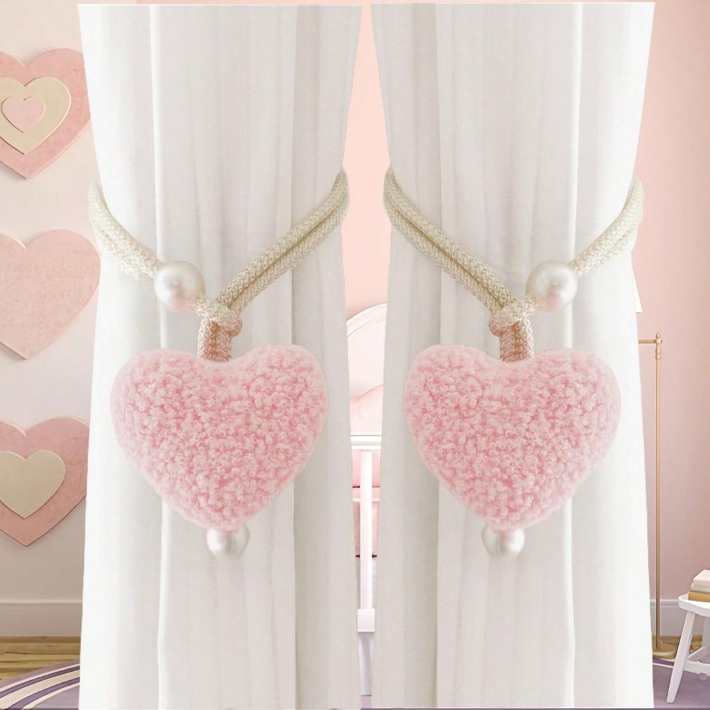 Fluffy Heart-Shaped Pearl Window Curtain Tie Back, Decor Mosquito Net Rope, Door Curtain Coffee Curtain Sun Shade Tiebacks, Christmas Red